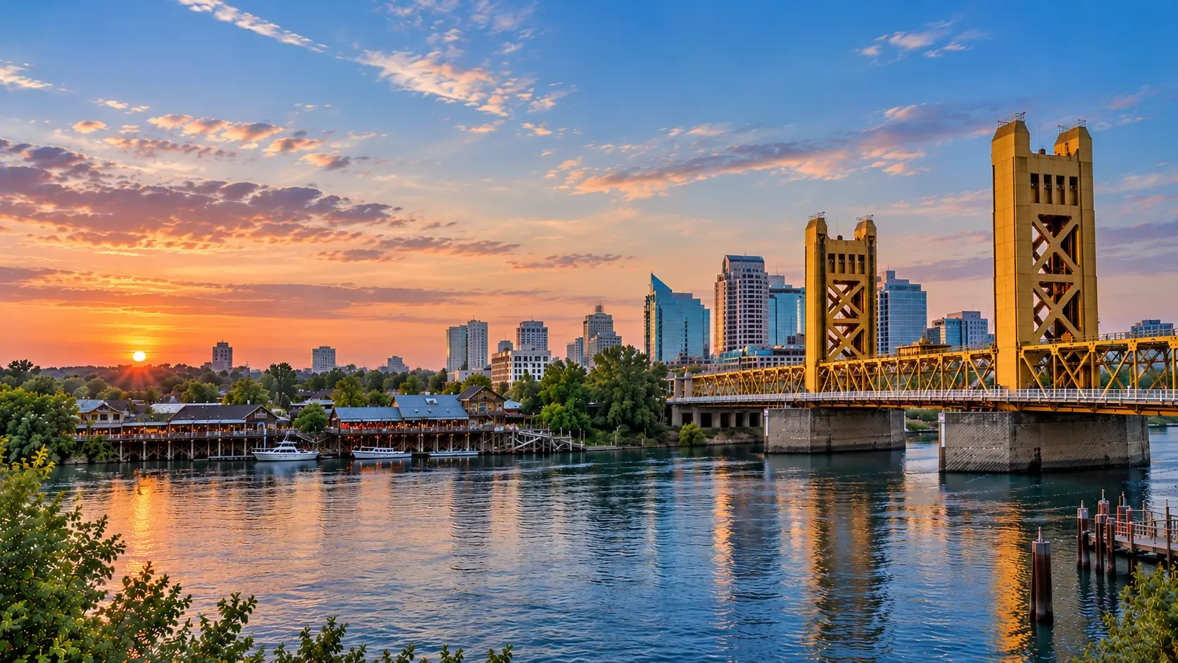Golden Tower Bridge and the downtown skyline over the Sacramento River at sunset