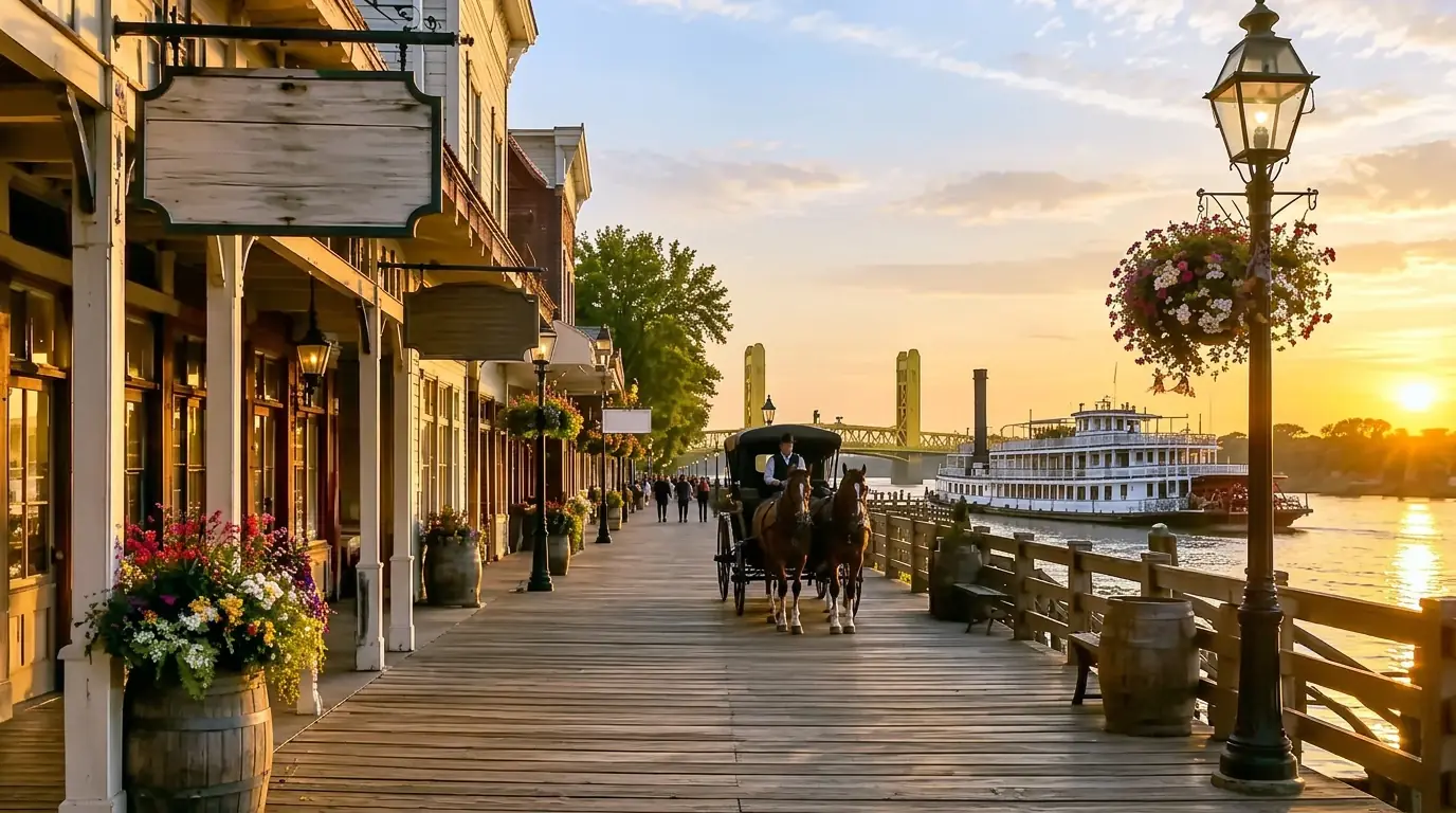 Historic Old Sacramento Waterfront boardwalk at sunset